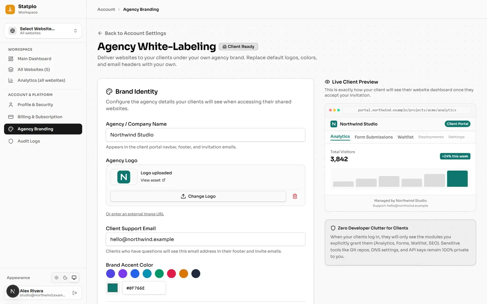 Agency branding settings: logo, colours, support email and portal domain