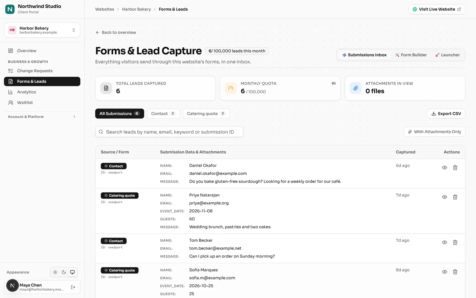 Form submissions inbox in the client portal