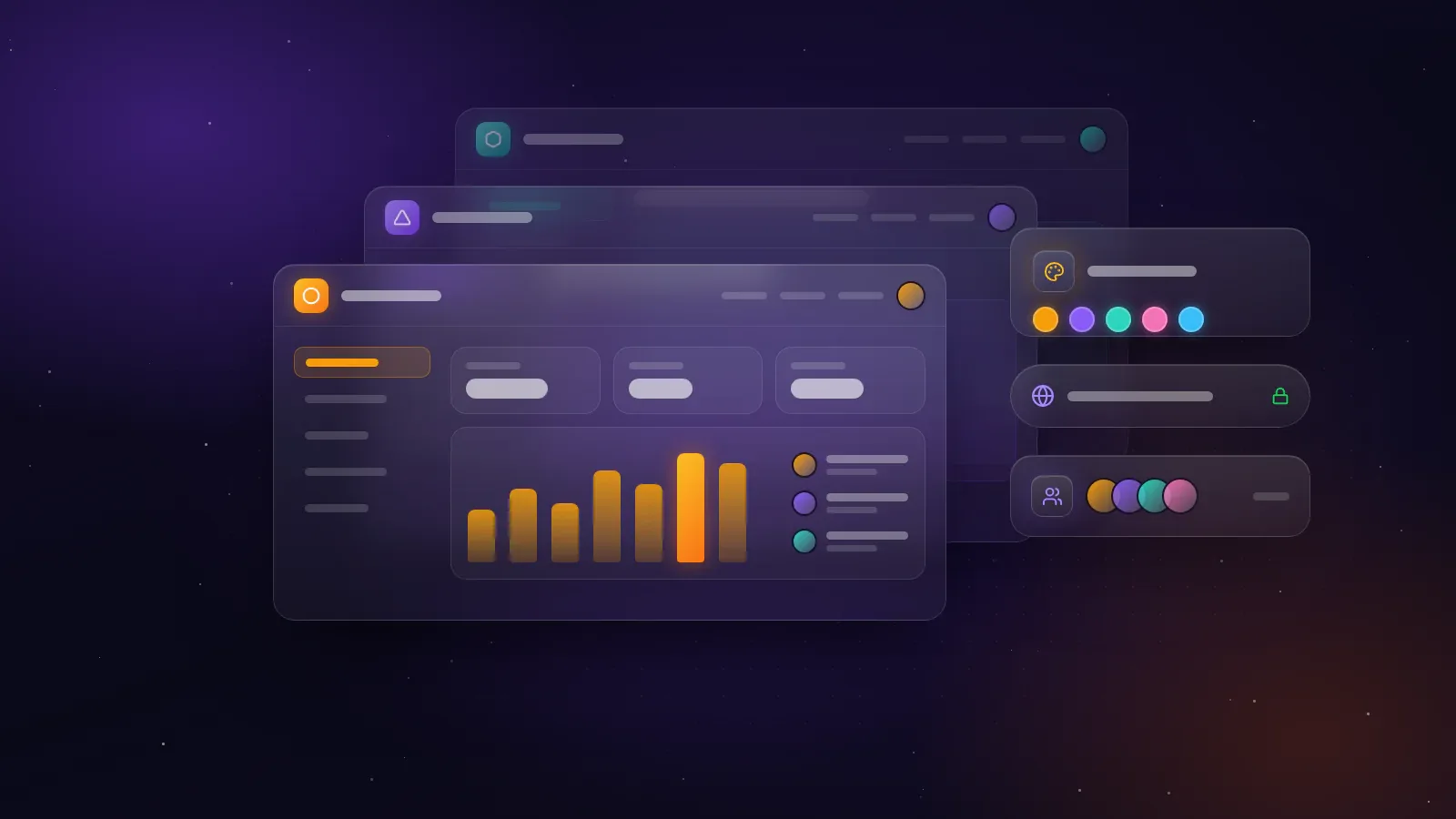 Illustration: client portals in different agency brand colours, with a colour palette, custom domain and client accounts