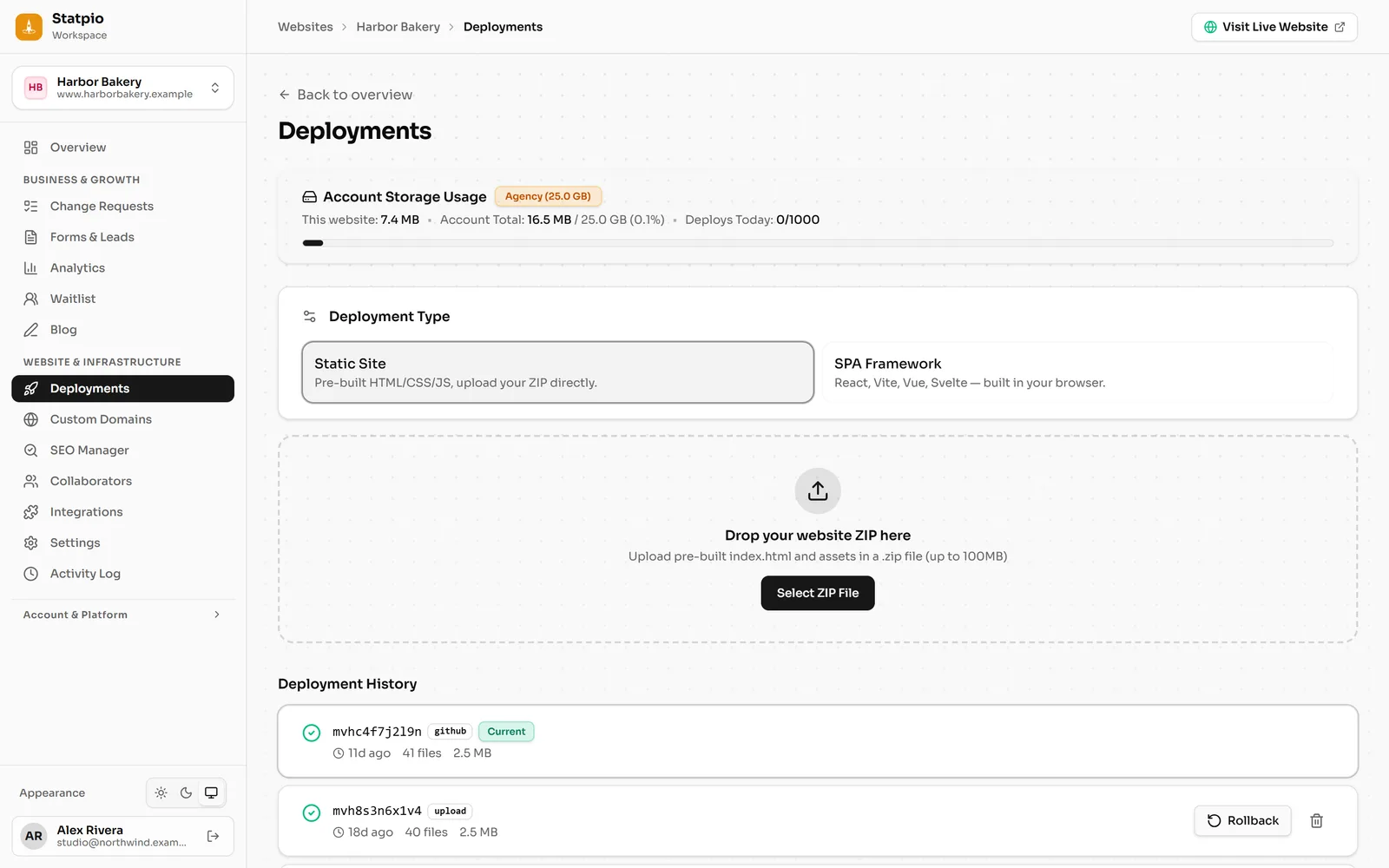 The Deployments page: the area to drop a website ZIP, and the list of earlier versions