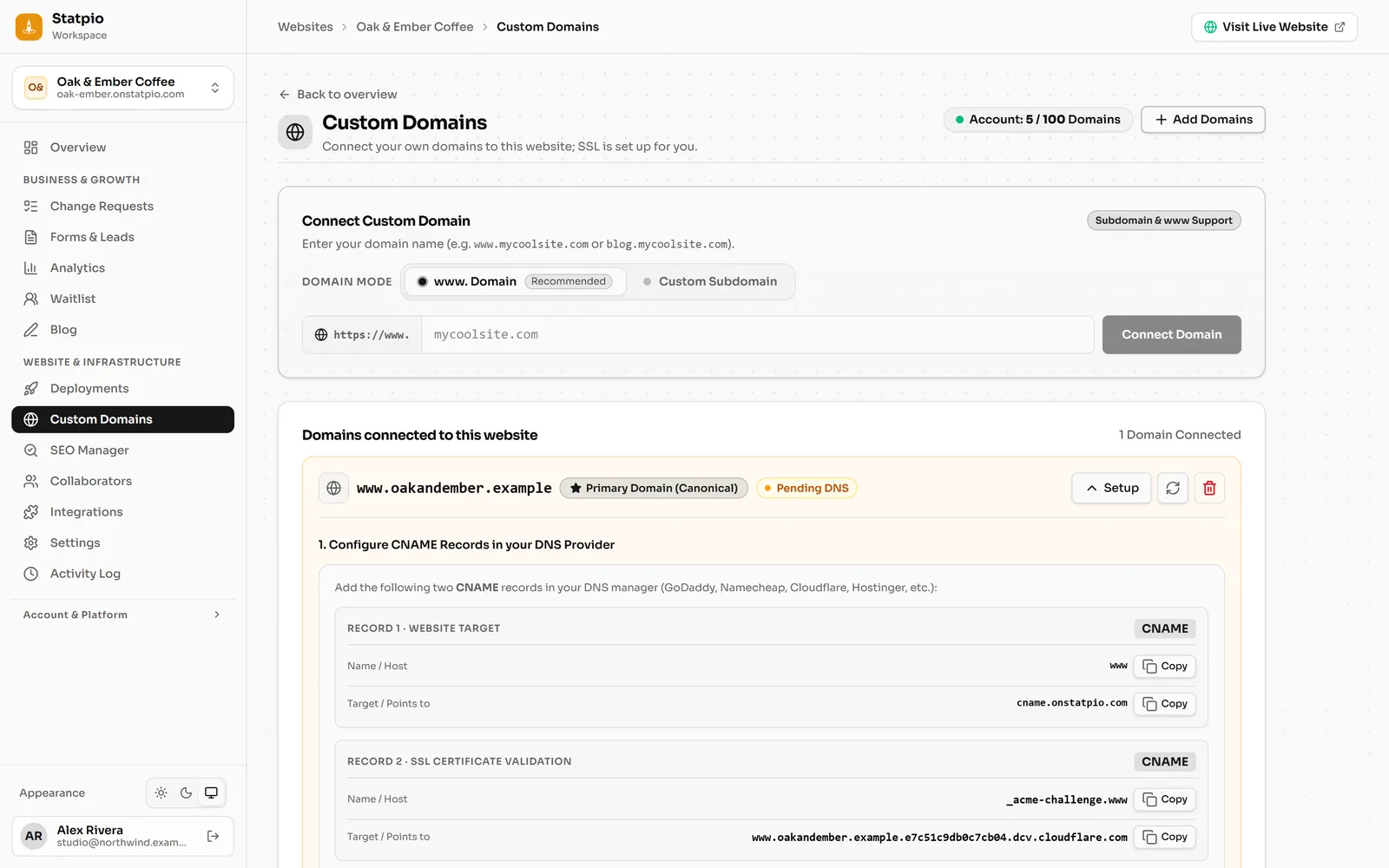 Custom Domains: a new domain with the two CNAME records to create