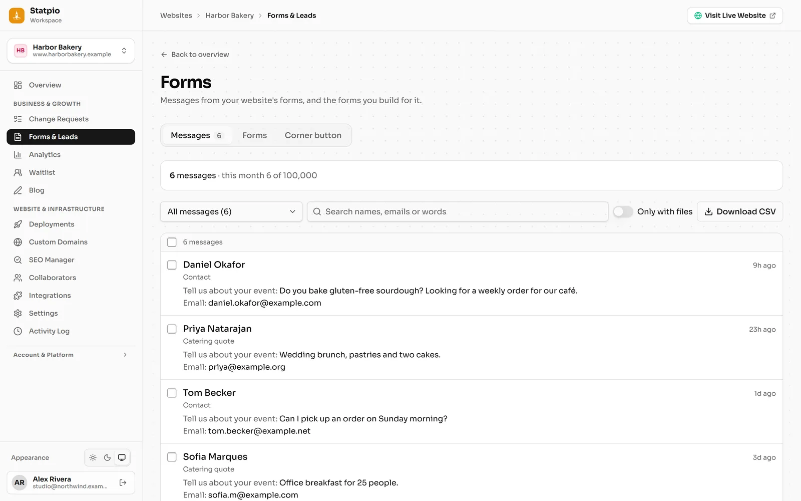 The Messages tab: a bakery’s messages from its contact and catering forms, each answer under its question