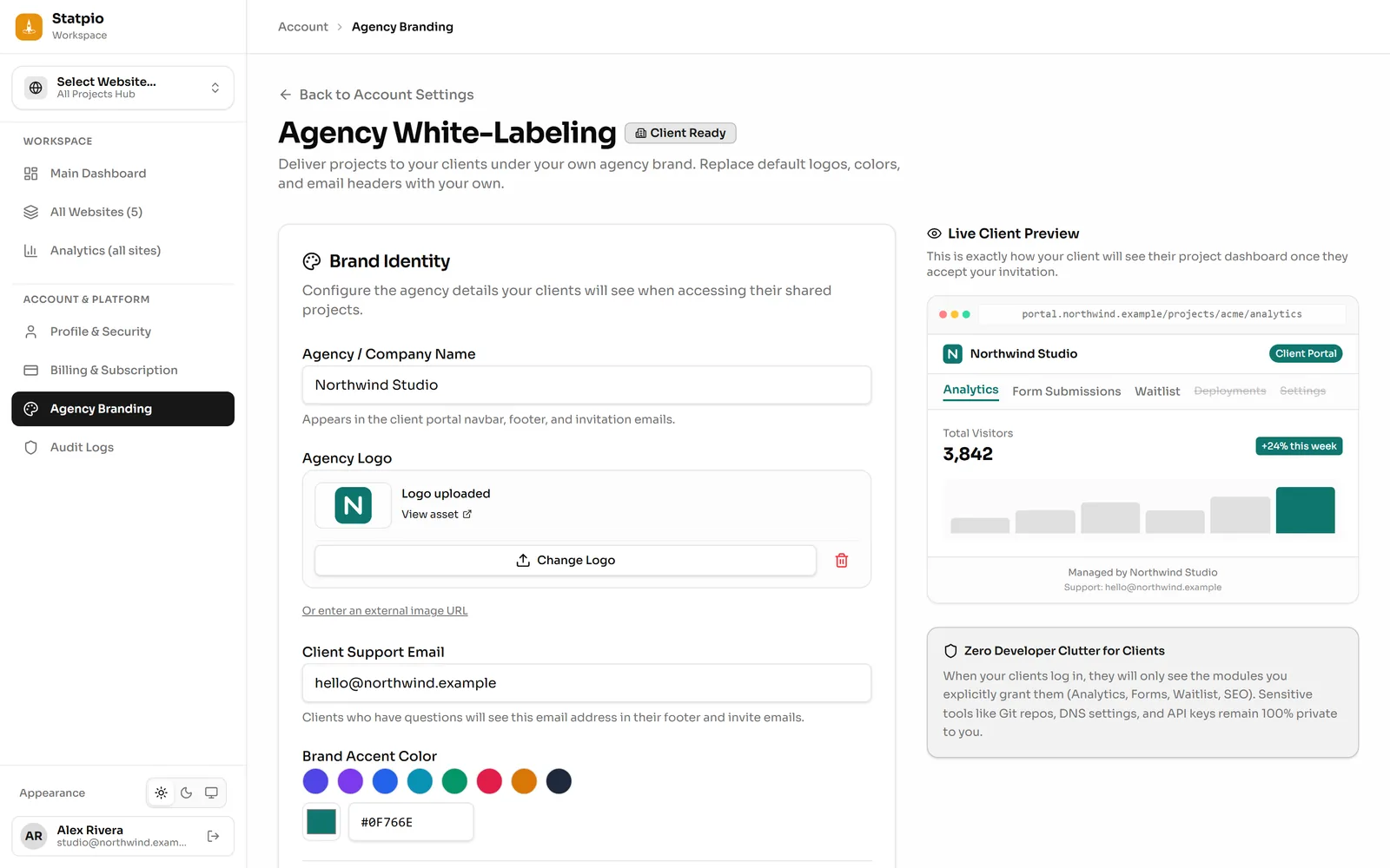 The agency branding settings: agency name, logo, client support email and brand colour, next to a live preview of the client portal.