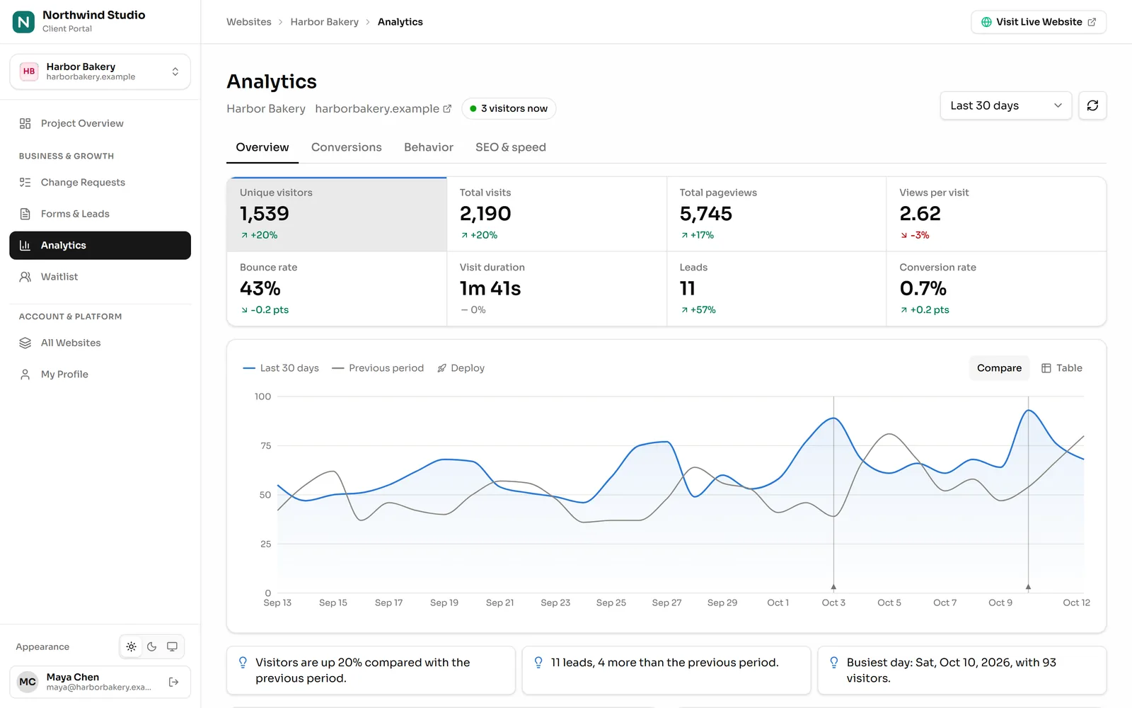 The client portal’s analytics page for a sample bakery site: unique visitors, visits, pageviews, leads and conversion rate above a 30-day traffic chart, with the agency’s logo in the sidebar.